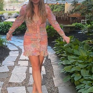 For Love And Lemons Pink Multi Floral Ruched Mini Dress